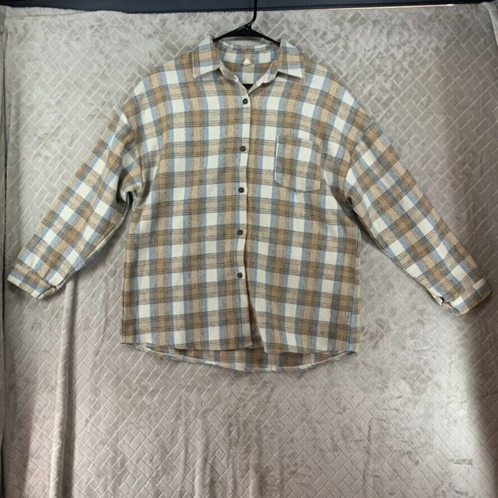 Mens Large Casual Button Up Shirt Brown Plaid Long Sleeve Flannel Shacket